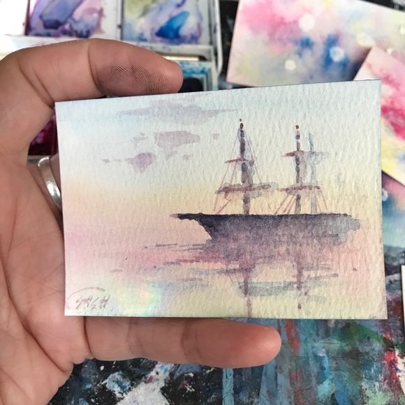 Hand Crafted Other - Ocean seascape ship skipper original painting miniature collectible watercolor